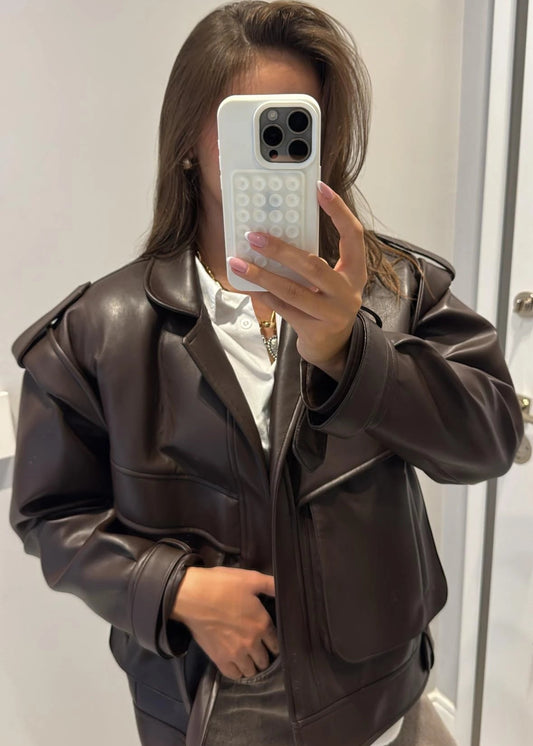 BITTER BROWN OVERSIZED PREMIUM LEATHER JACKET
