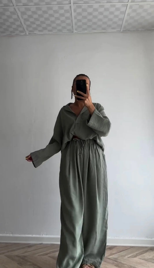 PREMIUM TENS FABRIC MINK POLO COLLAR SHIRT PALAZZO SUIT