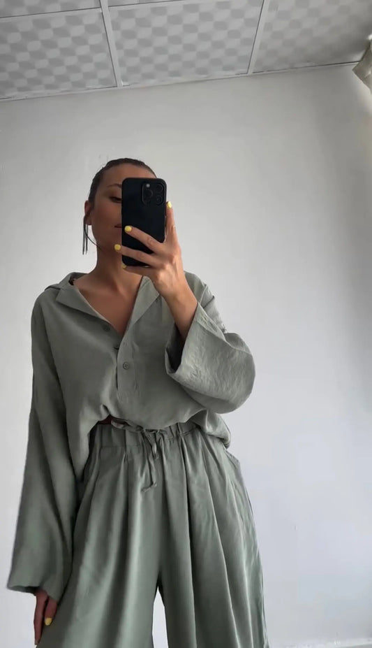 PREMIUM TENS FABRIC MINK POLO COLLAR SHIRT PALAZZO SUIT