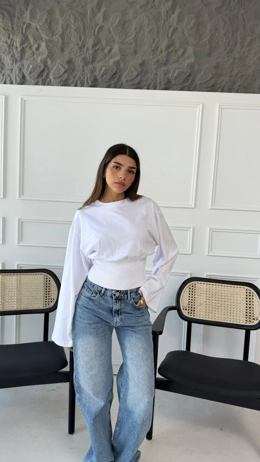 Aurelia White Cinched Waist Long Sleeve Top