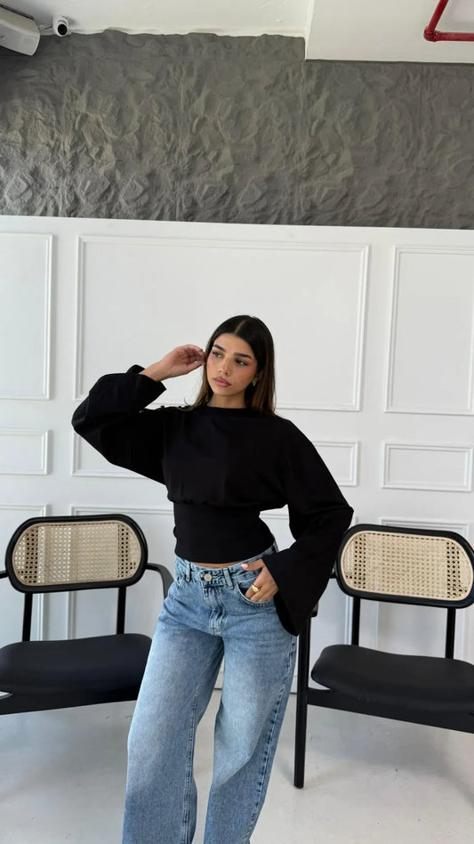 Aurelia Black Cinched Waist Long Sleeve Top