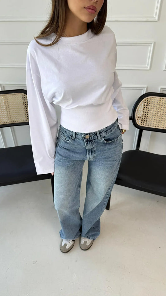 Aurelia White Cinched Waist Long Sleeve Top