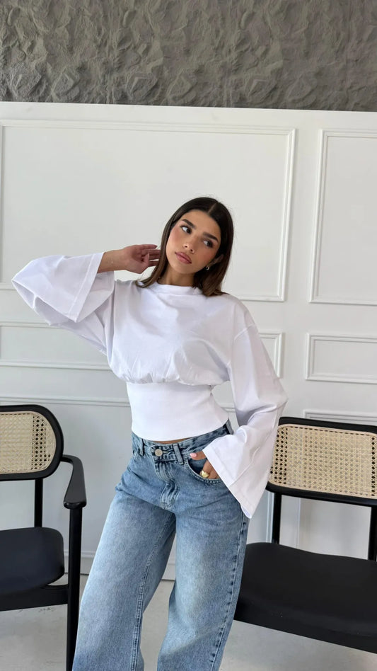 Aurelia White Cinched Waist Long Sleeve Top