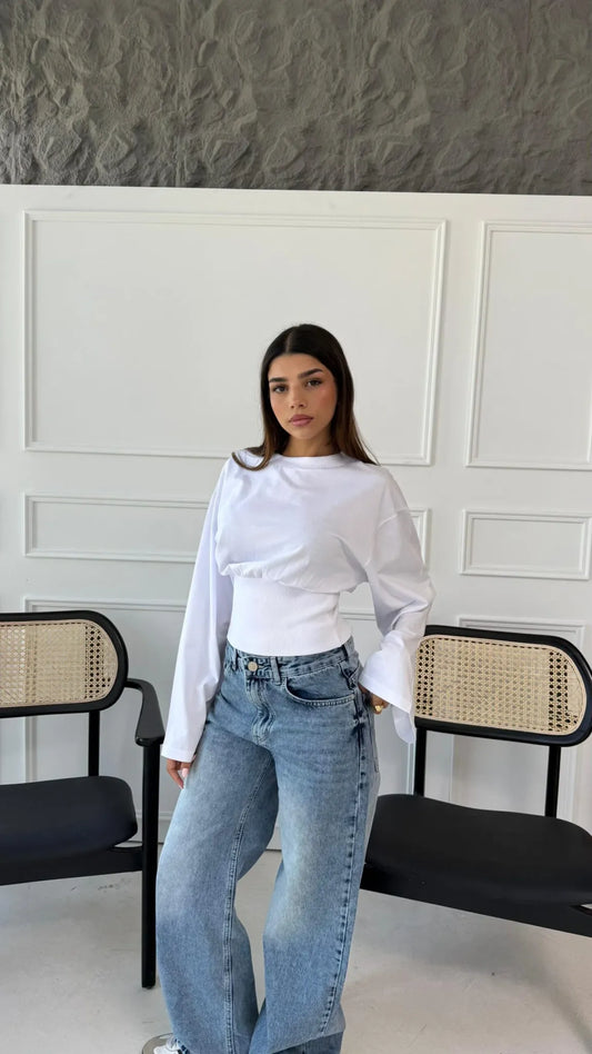 Aurelia White Cinched Waist Long Sleeve Top