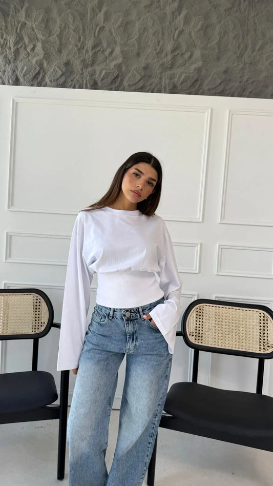 Aurelia White Cinched Waist Long Sleeve Top