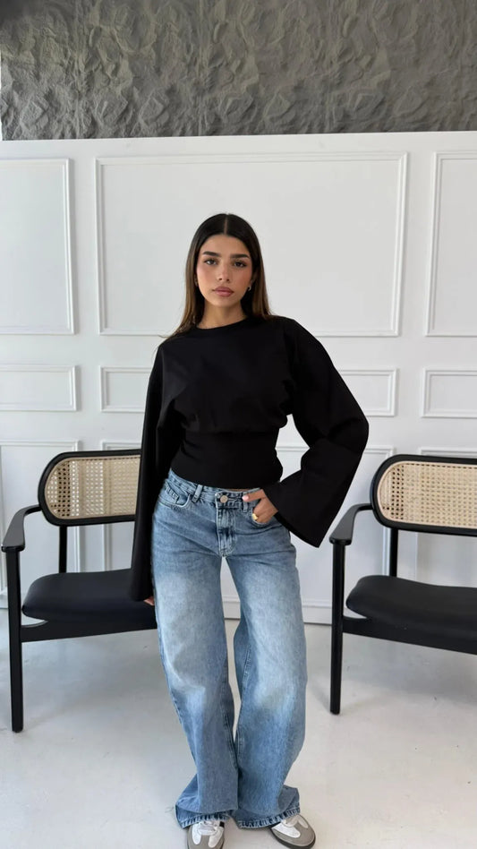 Aurelia Black Cinched Waist Long Sleeve Top