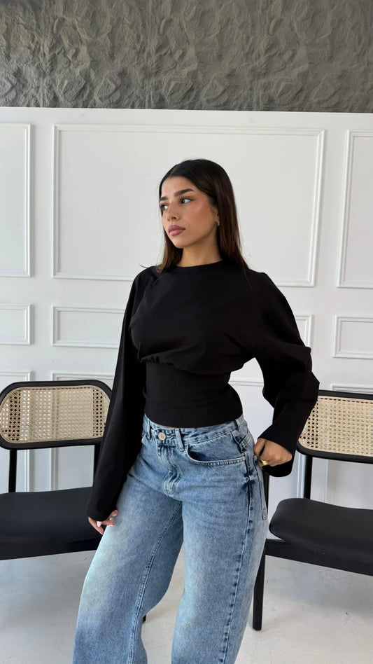Aurelia Black Cinched Waist Long Sleeve Top