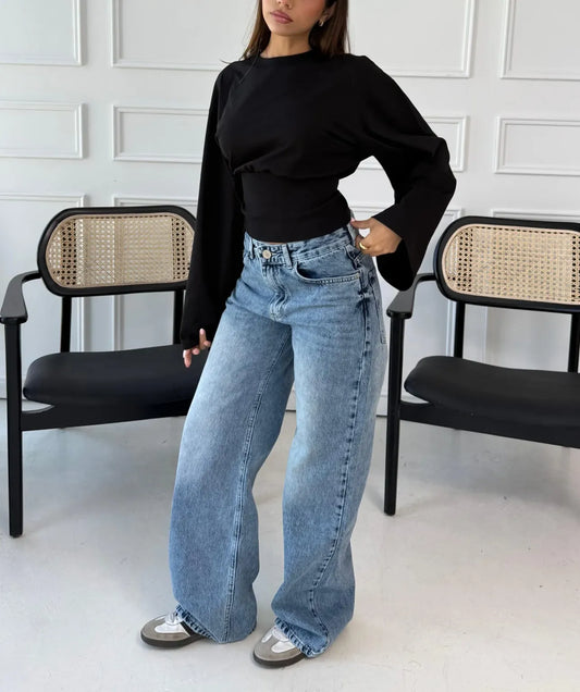 Aurelia Black Cinched Waist Long Sleeve Top
