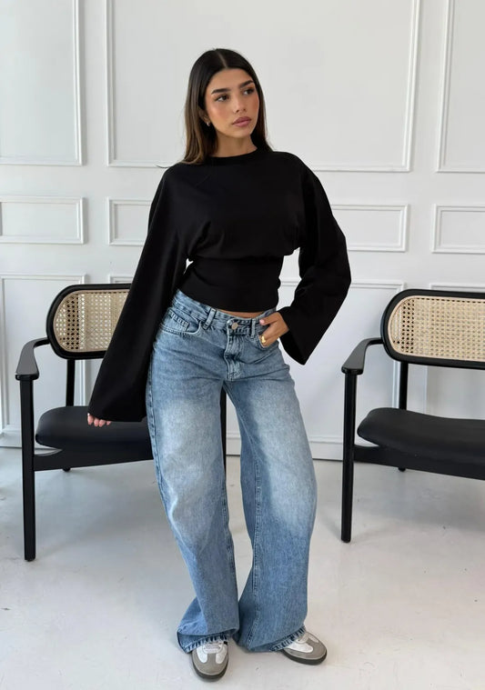 Aurelia Black Cinched Waist Long Sleeve Top