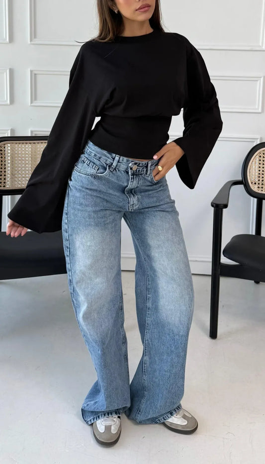 Aurelia Black Cinched Waist Long Sleeve Top
