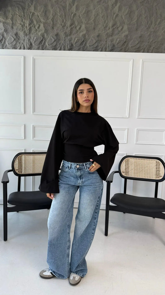 Aurelia Black Cinched Waist Long Sleeve Top