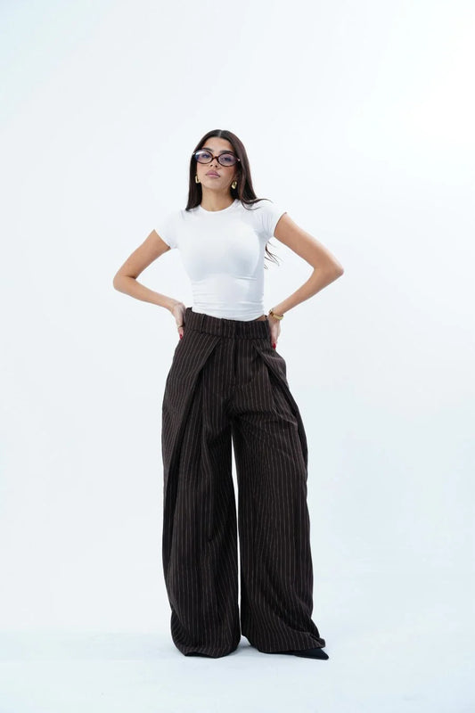 BROWN STRIPED FOLDED TAILORED TROUSERS
