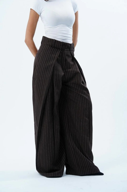 BROWN STRIPED FOLDED TAILORED TROUSERS