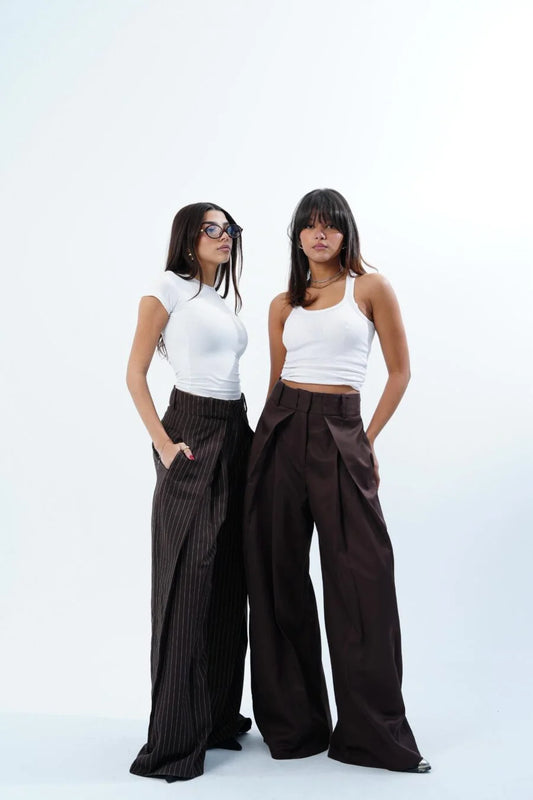 BROWN STRIPED FOLDED TAILORED TROUSERS