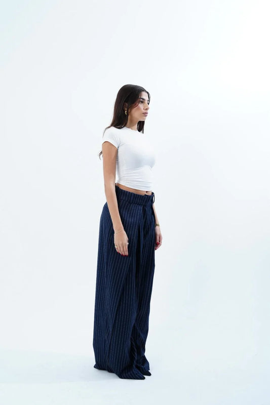 NAVY STRIPED FOLDED TAILORED TROUSERS