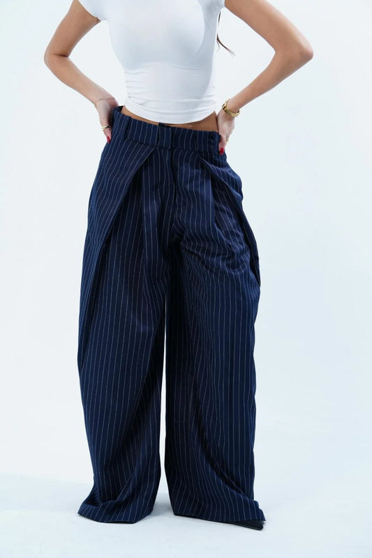 NAVY STRIPED FOLDED TAILORED TROUSERS