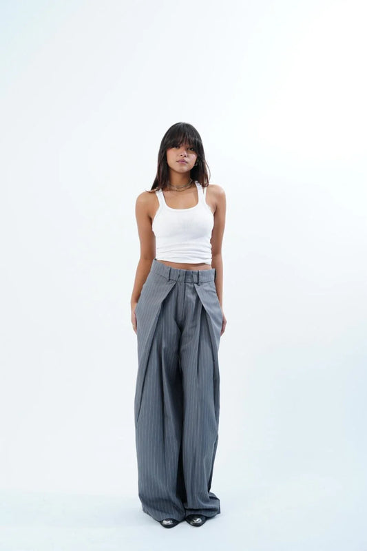 GREY STRIPED FOLDED TAILORED TROUSERS