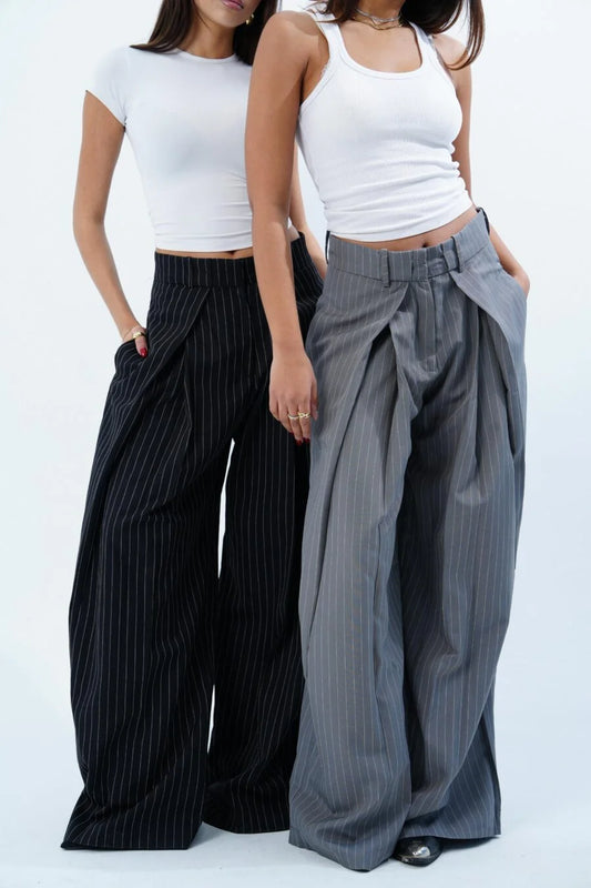 BLACK STRIPED FOLDED TAILORED TROUSERS