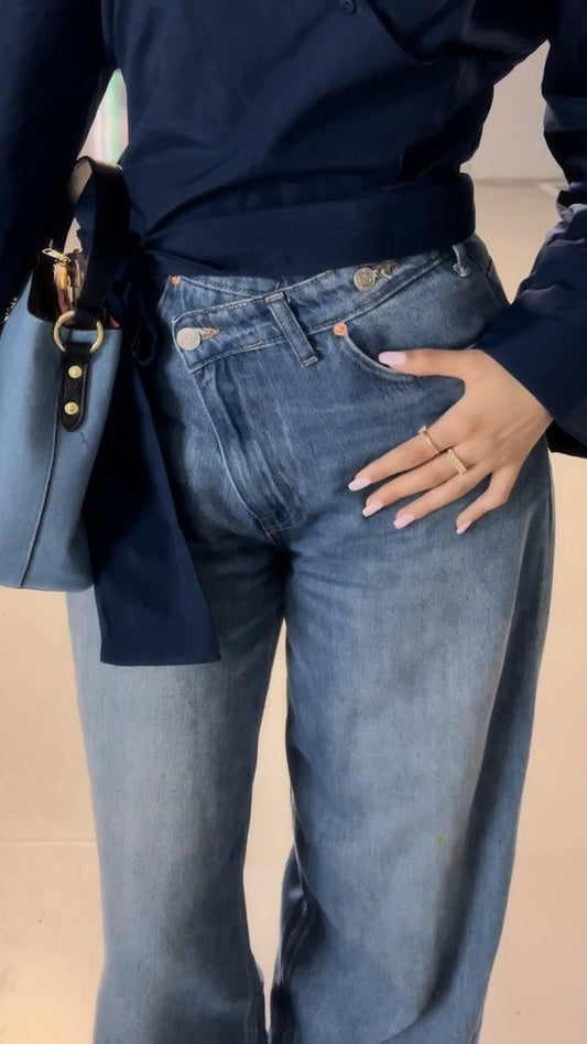 Dark Blue Wide Jeans with Cross Buttons