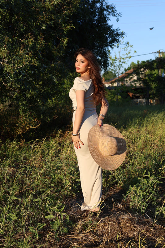 Cream Long Dress with Buckle Detail