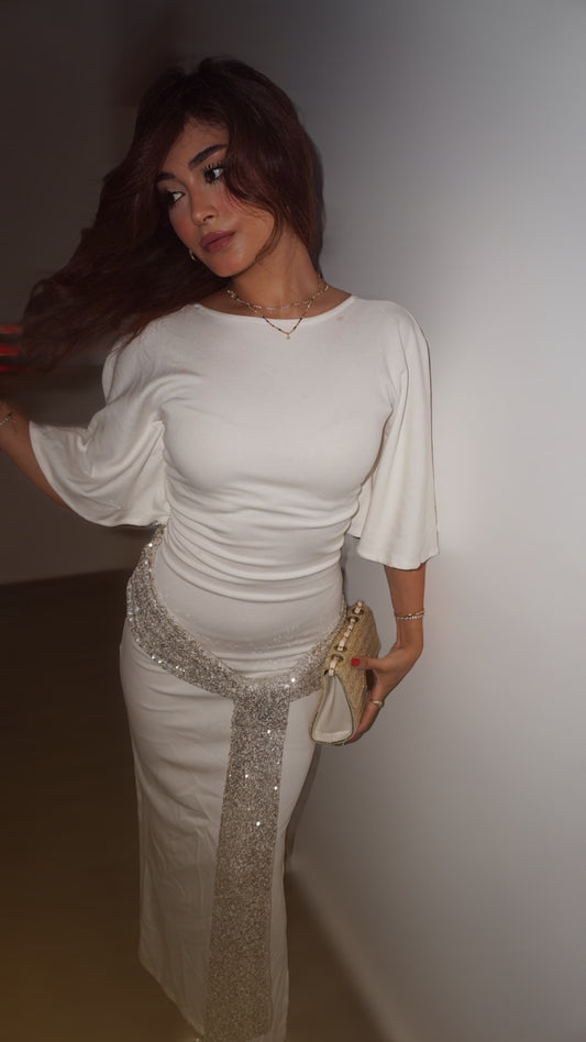 White Sequin Belted Backless Dress