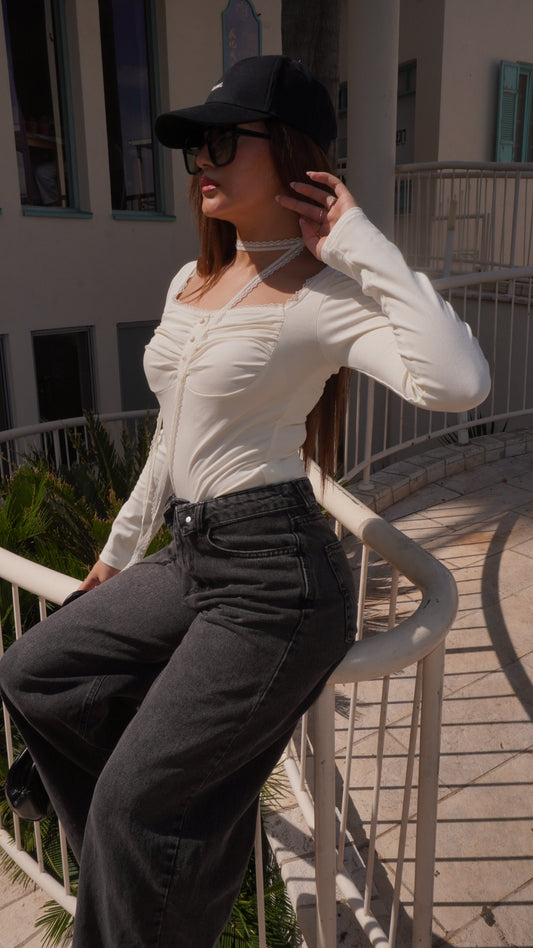 Arverna Lace Tie Ruched Top