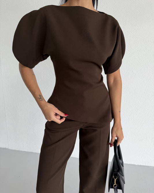 Brown Asymmetrical Waist-Fitted Set