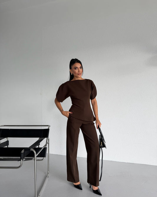 Brown Asymmetrical Waist-Fitted Set