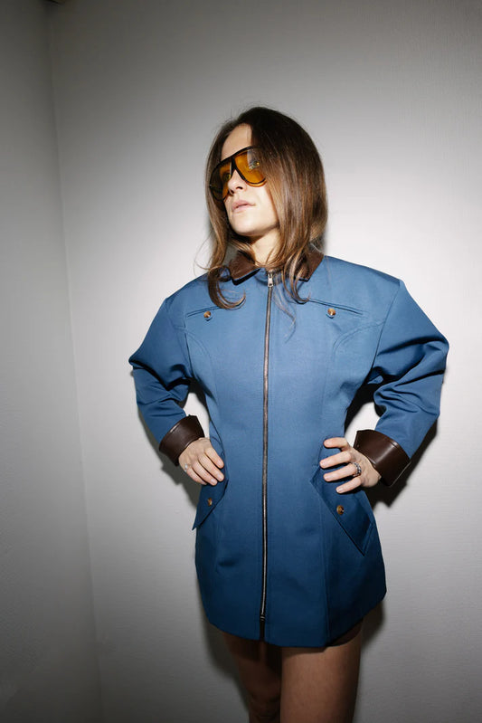 Blue Zip-Up with Leather Details Jacket