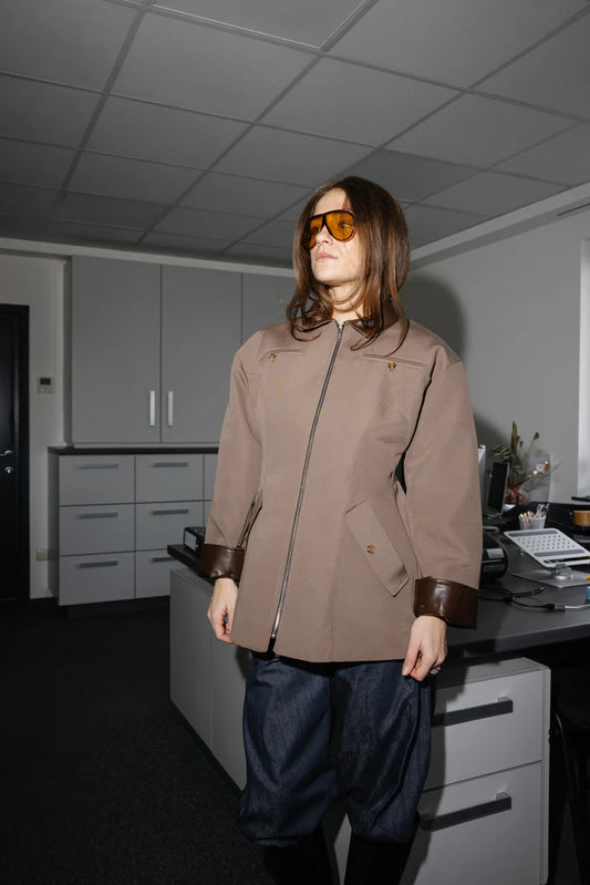 Coffee Beige Zip-Up with Leather Details Jacket