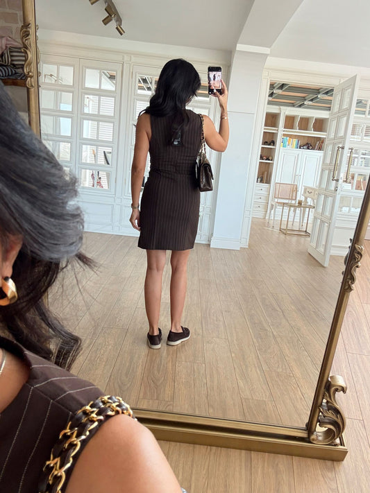 Rominda Brown Striped Mini Dress with Decorative Pockets
