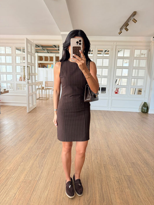 Rominda Brown Striped Mini Dress with Decorative Pockets