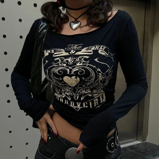 Black Vintage MoodyGirl Off Shoulder Long Sleeve Crop