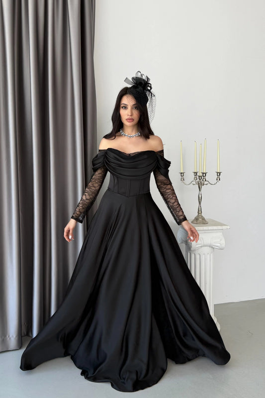 Royal Black Evening with Lace Details Dress