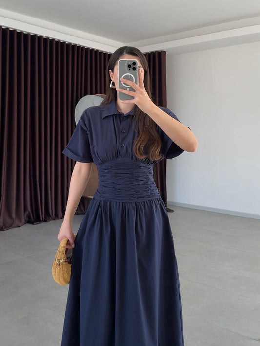 Navy Blue Shirt Collar Draped Long Dress