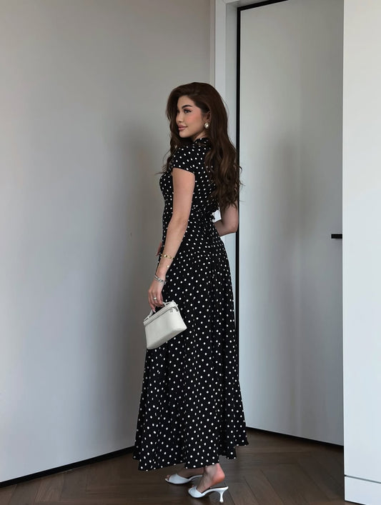 Patter Black Polka Dot Midi Length Elegant Dress