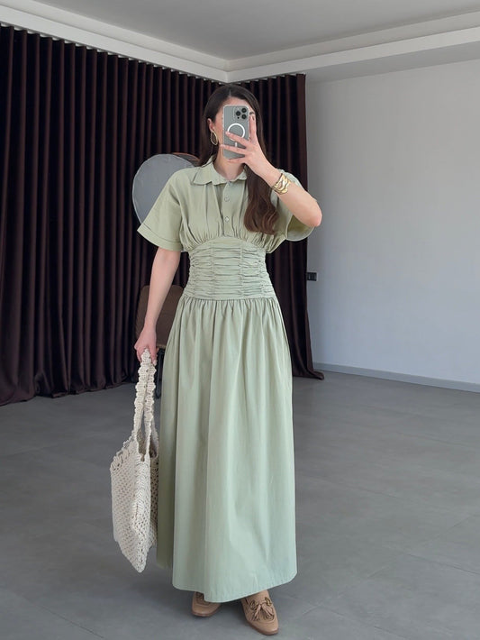 Mint Green Shirt Collar Draped Long Dress