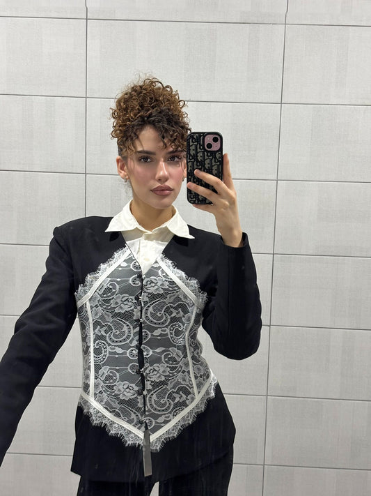 Lace Detail and V-Neck Design Blazer