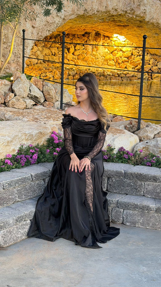 Royal Black Evening with Lace Details Dress