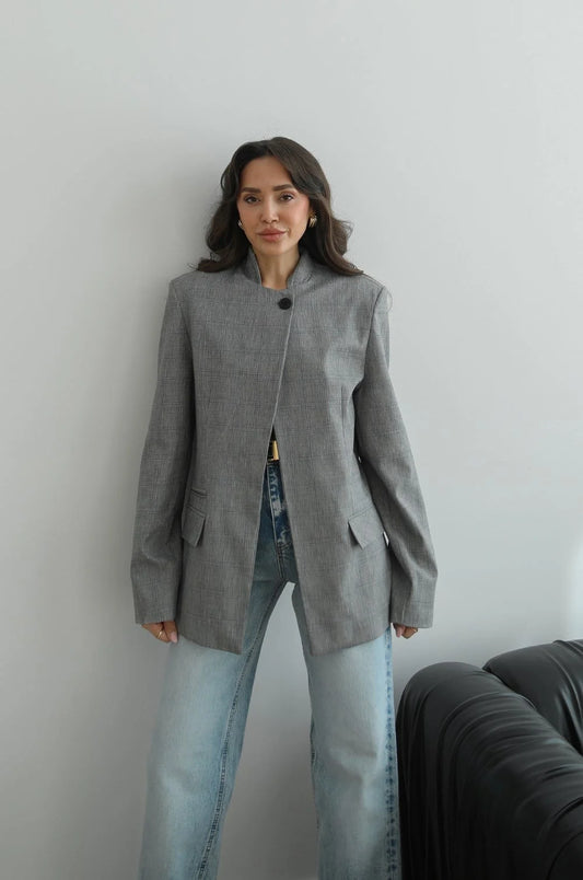 Light Grey Plaid Mandarin Collar Blazer