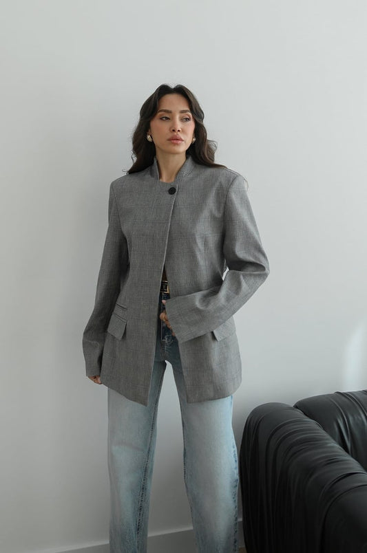 Light Grey Plaid Mandarin Collar Blazer