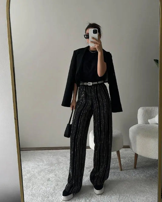 PREMIUM HIGH WAIST STONE BLACK PALAZZO TROUSERS