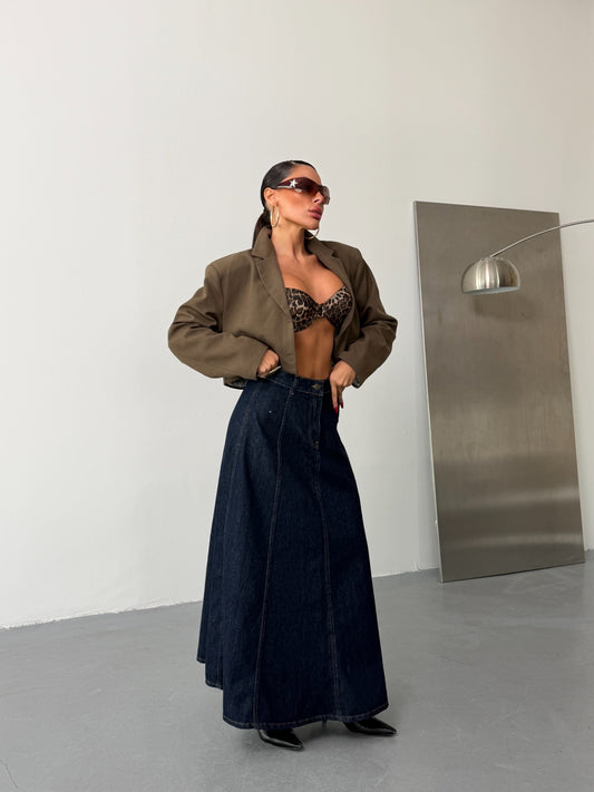 High-Waisted A-Line Denim Maxi Skirt