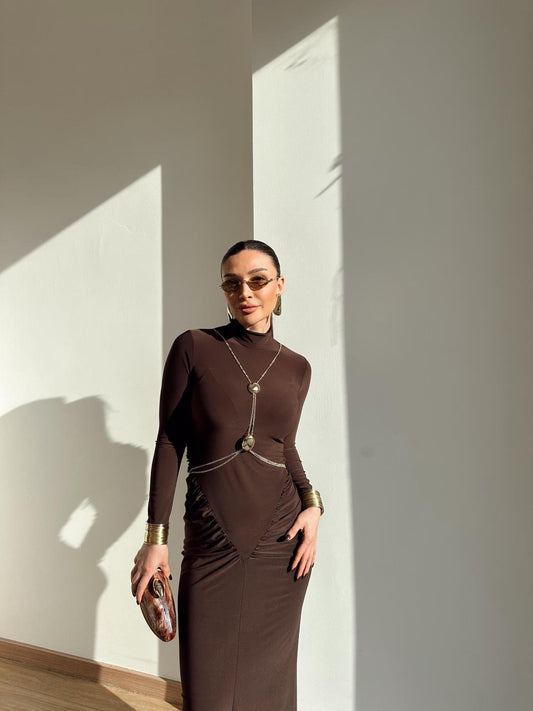 Accessory Detailed Coffee Design Dress