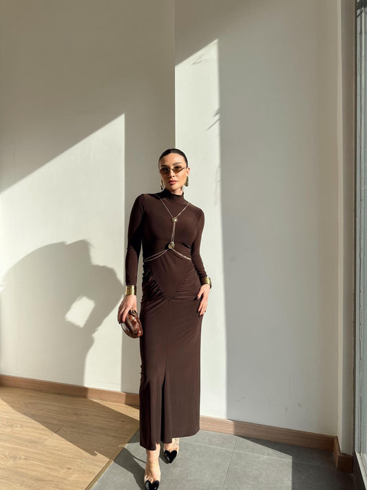 Accessory Detailed Coffee Design Dress