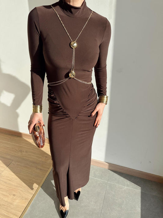 Accessory Detailed Coffee Design Dress
