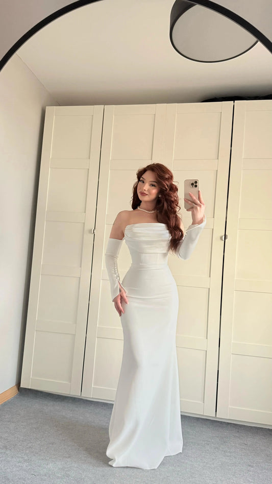 Alya Satin White Sleeve Evening Dress