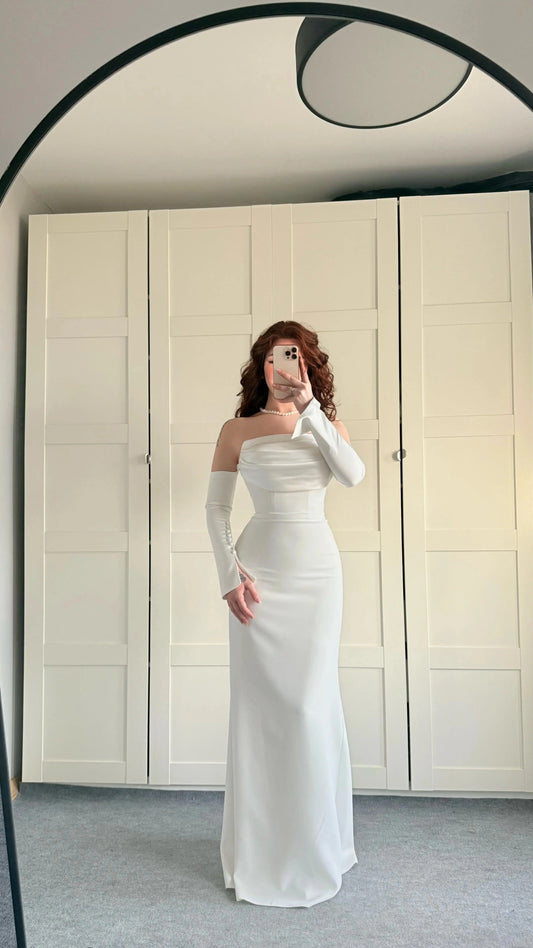 Alya Satin White Sleeve Evening Dress