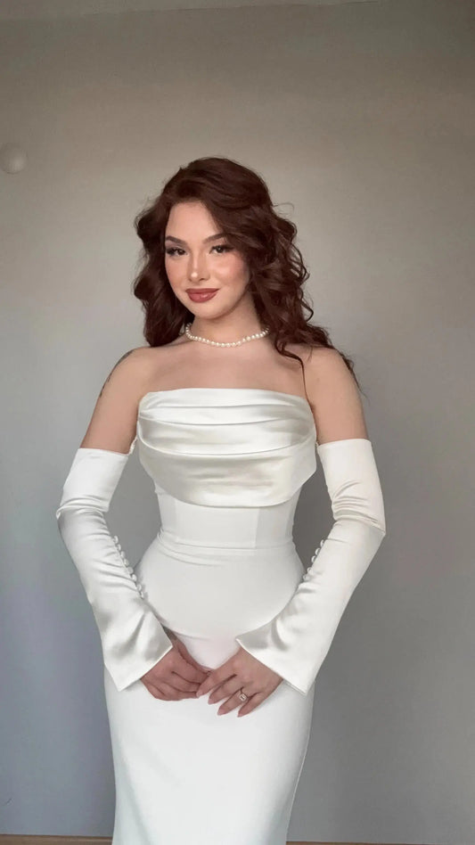 Alya Satin White Sleeve Evening Dress