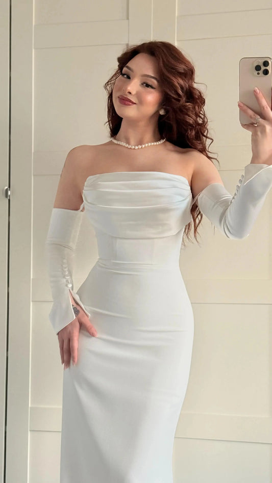 Alya Satin White Sleeve Evening Dress
